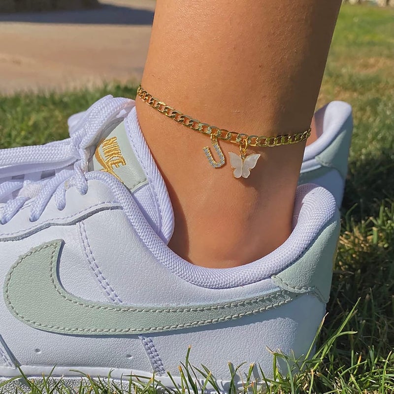 VIROMY 14K Gold Plated Dainty Butterfly Initial Ankle Bracelets Handmade Cuban Chain White Butterfly A-Z Alphabet Letter Initial Anklets Personalized Summer Beach Jewelry Gifts for Women - Image 2